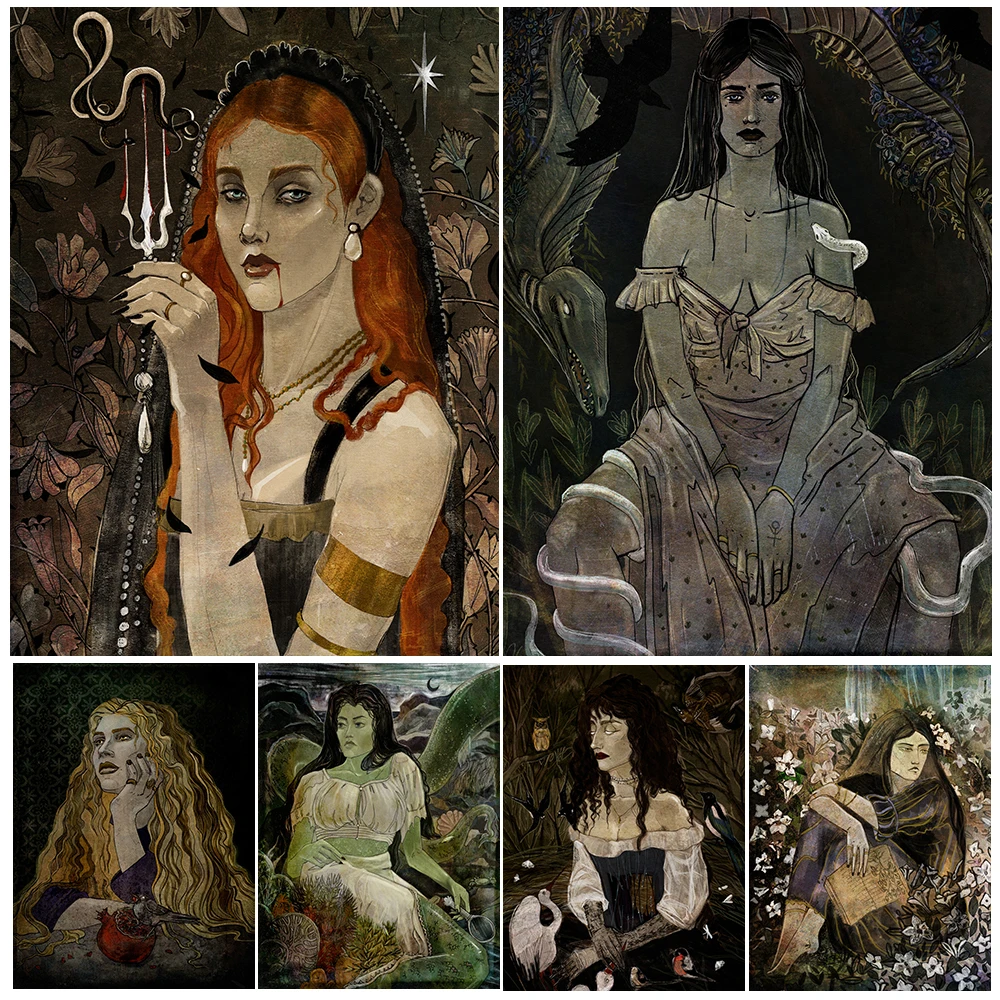 

Witch,Siren,Priestess Vintage Wall Art Canvas Painting Gothic Dark Witch Art Poster And Print Witchcraft Home Decor Unframed