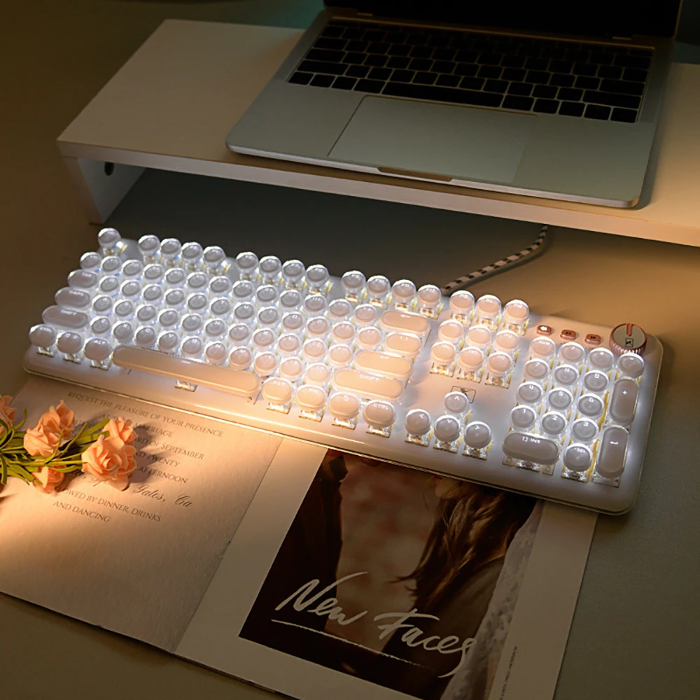 

104 Keys Retro Steam Punk Gaming White Light Mechanical Keyboard Ice Cube Crystal Transparent Round Keycap LED Illuminate Set