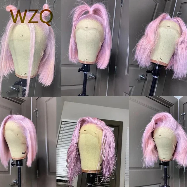 Mint Green Human Hair Wigs 613 Blonde Platinum HD Transparent Lace Front Wig Pink Colored Short Bob Wig 13x4 Lace Frontal Wigs 3