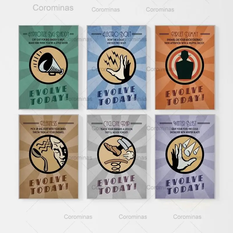 Bioshock Plasmids Poster Electro Teleki Cyclon Ipnotto Abilità Retro Club Casa Murale Pub Garage Stampe Su Tela Immagini Per Pareti Per Bambini