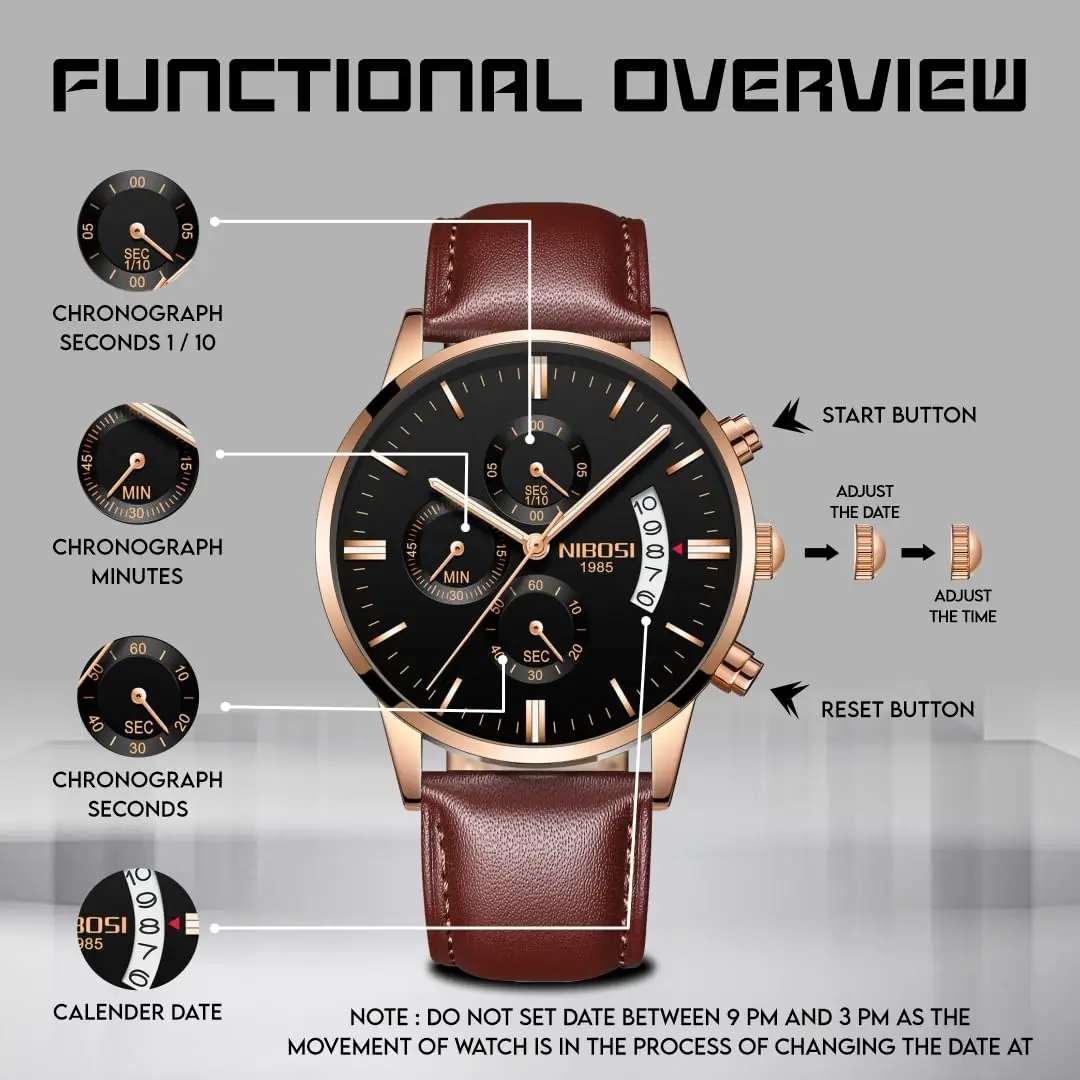 Nibosi Watches Men Sport Quartz Watches Waterproof Chronograph Wrist Watch Gift Three Eye 6 Pin Solid Leather Belt Watch Rakhi, Alina Gadgets