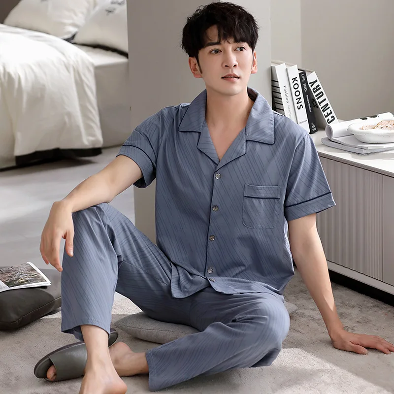 Summer Men's Thin Pure Cotton Pajamas Lapel Short Sleeve Cardigan Pants Home Clothing Set Loose Fitting Casual Sleepwear