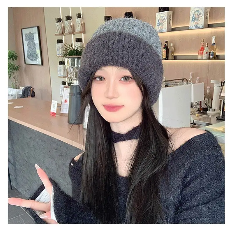 Contrast Dome Knitted Beanies Winter Women's Retro Warm Outdoor Woolen Brimless Caps Fashion Versatile Hats_voghion.com
