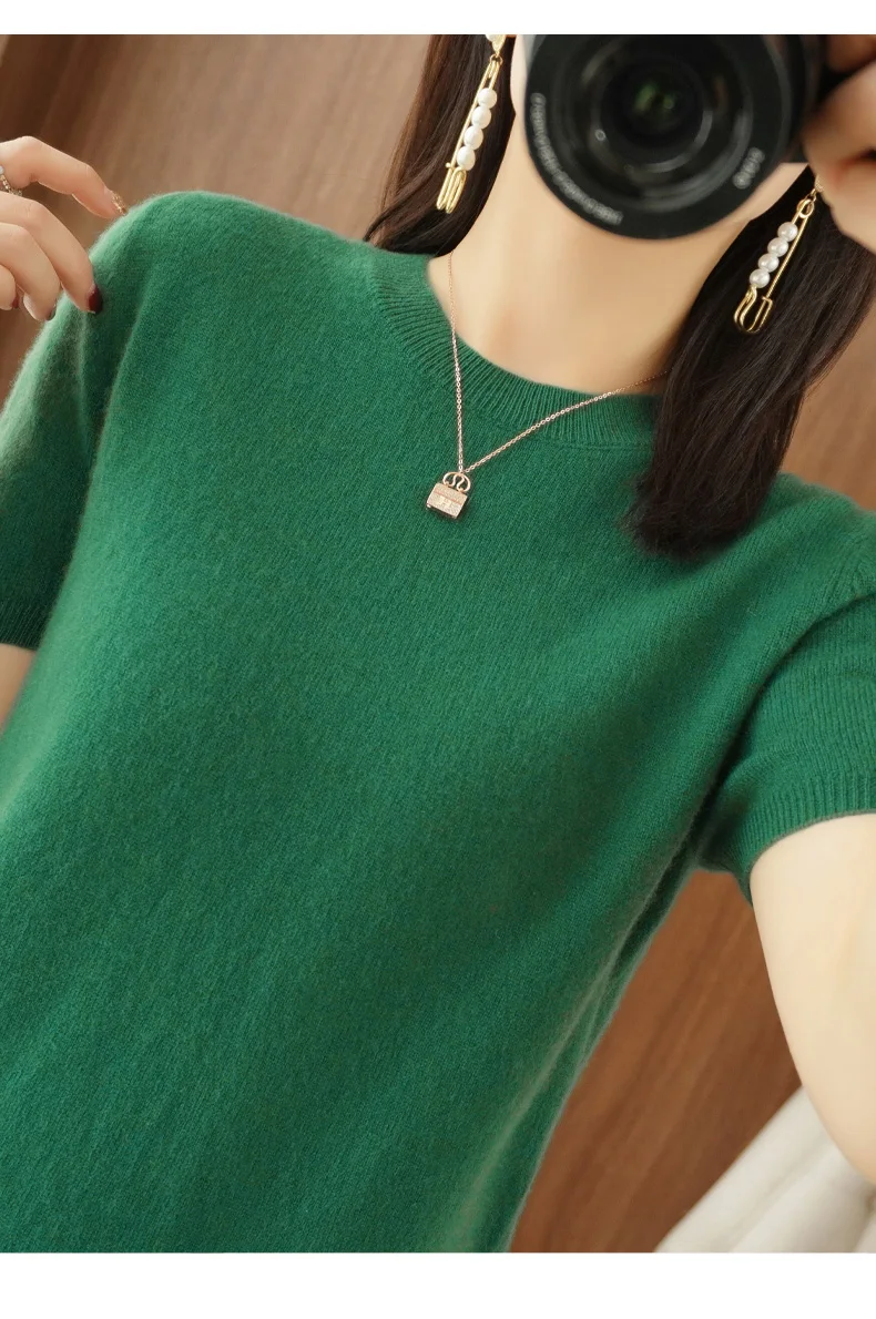 New Ladies Spring Summer Cashmere  Sweater Short sleeve O-Neck Pullover Casual Knitted Short sleeve Sweater cable knit sweater