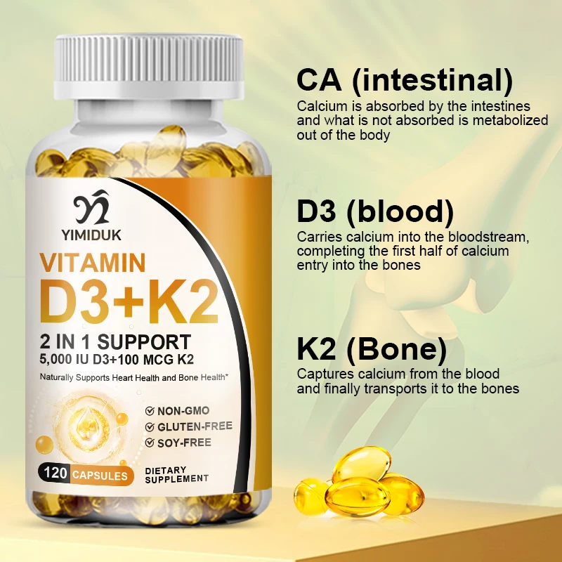 Cápsula de vitamina D3K2 para potenciar la absorción de calcio, salud de los huesos y las articulaciones, prevención de la hipertensión, aumento de la inmunidad, soporte del corazón