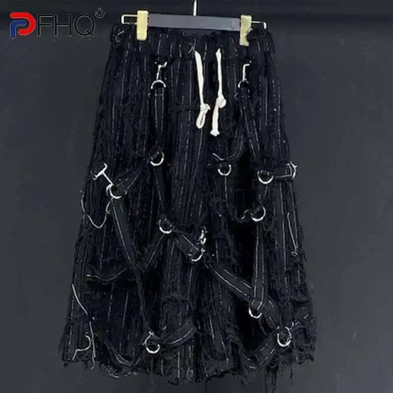 PFHQ Men's Rough Edge Denim Shorts Summer Elastic Waist Floating Rope Darkwear Advanced Personality Design 21Z5020