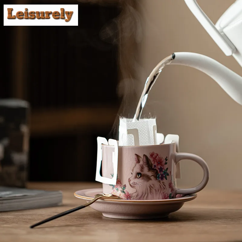 150ml Pink Ru Kiln Flower Cat Coffee Mug With Plate Beer Cup Afternoon Tea Mug Household Cup Saucer Kit Teaware Decoration Gift