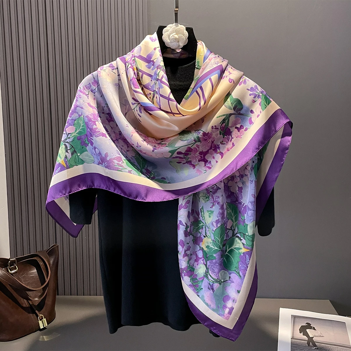 Four Seasons Women Silk 110*110CM Square Scarf Hijab Female Design Print Shawl Wraps Foulard Sun Protection Headbands Bandana