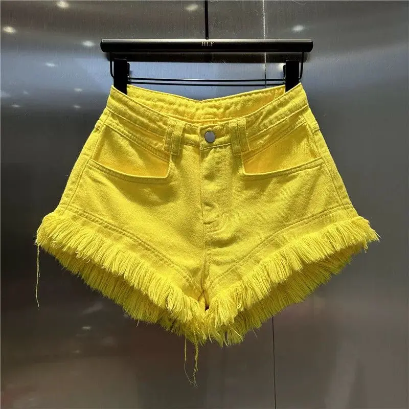 2024 Summer New Women's High Waisted Slimming Tassel Edge Denim Shorts Hot Pants Yellow