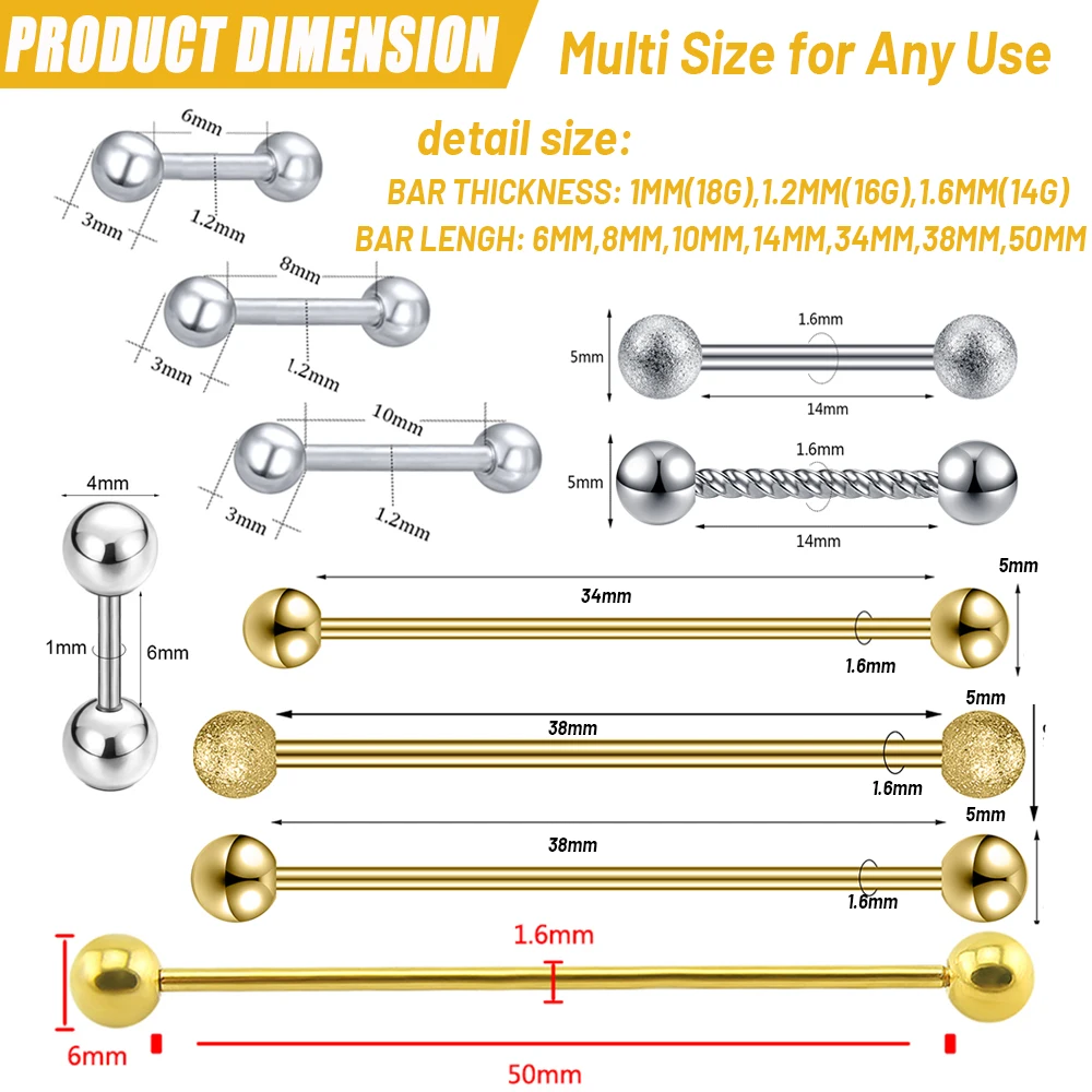 AO 6-50mm 14/16/18G Industrial Barbell Piercing Earring Stainless Steel Helix Piercings Gold Color Industrial Rook Ear Studs 2