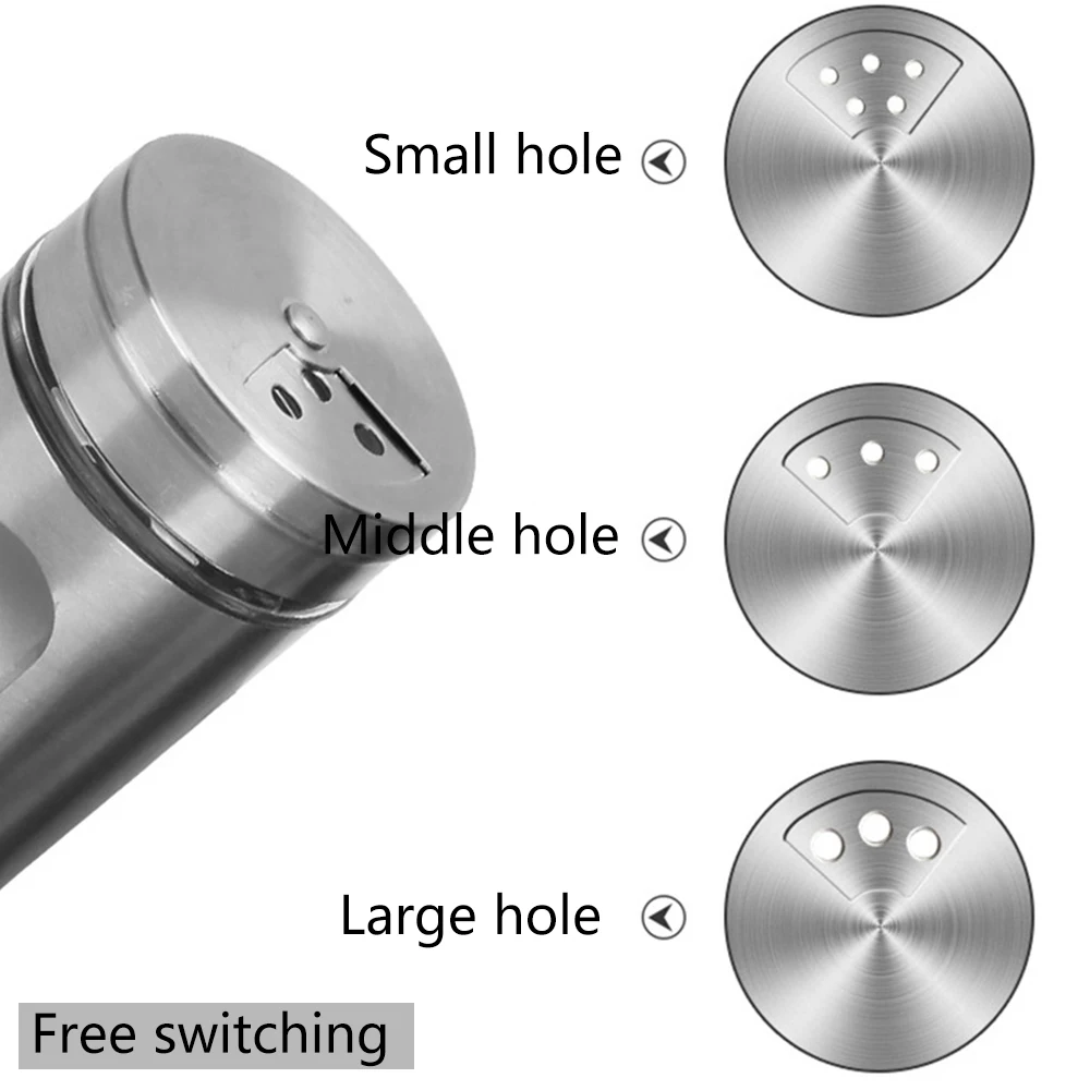 Stainless Steel Spice Seasoning Jar Built in Glass Bottle Rotating Cover Three Types of Perforation Methods: Large, Medium, And 2