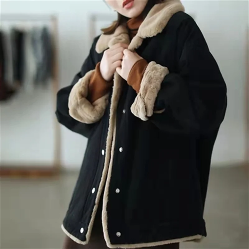 Cotton Coat Women's Coat 2022 Winter New Style Plush Thick Versatile Loose Long Sleeve Warm Cotton Coat Women's Solid Color X100