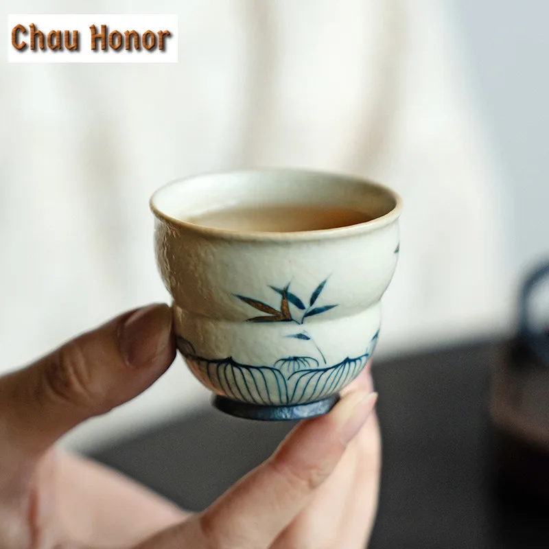 55ml Blue And White Flint Red Teacup Handmade Gold Drawing Bamboo Tea Bowl Gourd Master Mugs Meditation Cup Chazhan Drinkware