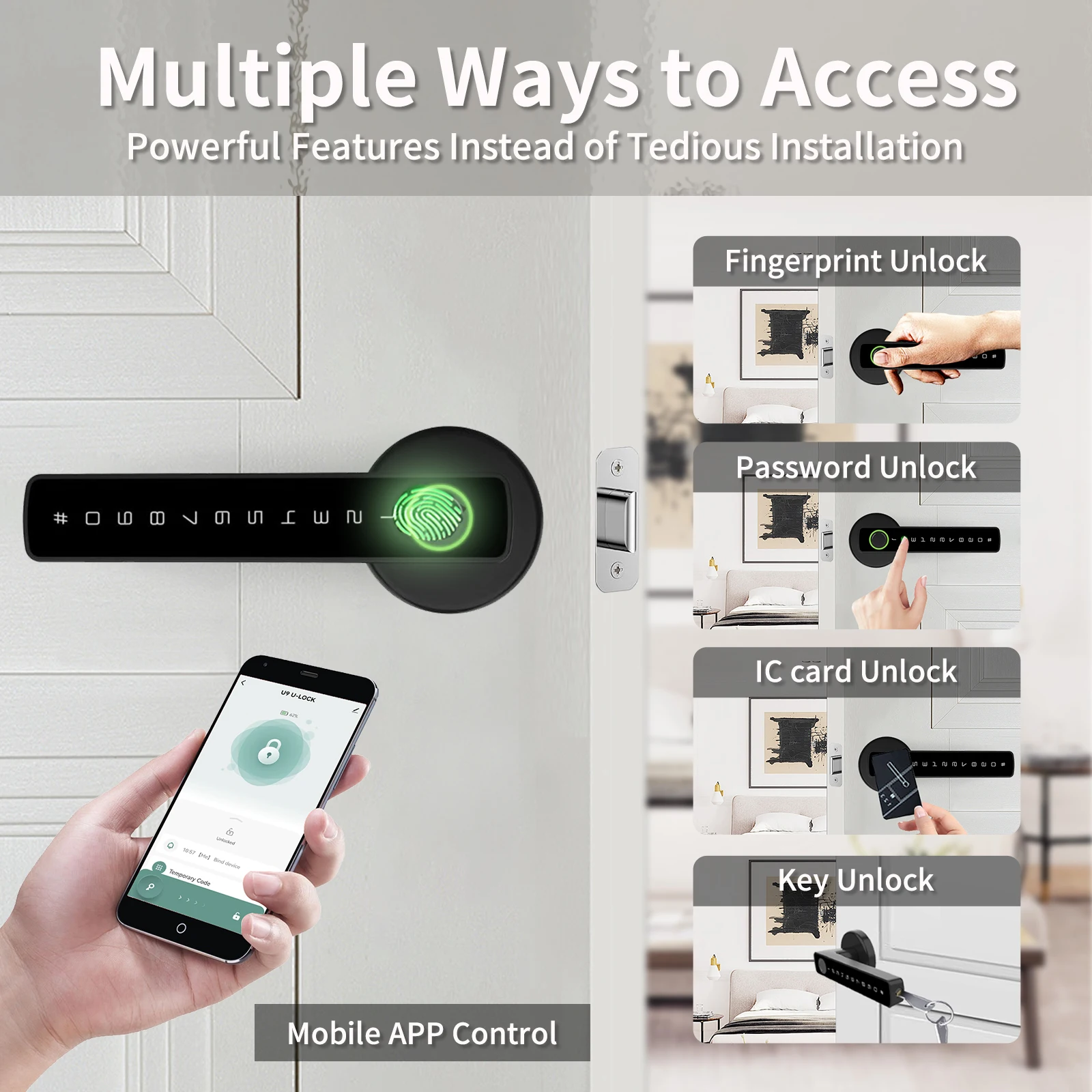 HIFAM Fingerprint Door Lock, Smart Door knob Black Biometric Locks 5-in-1 Unlock Fingerprint Bluetooth, Code, IC Card, Key