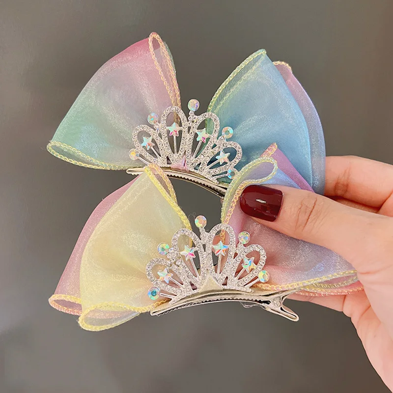 Hair Accessories Pastel Rainbow Hair Bows Gradient Color Princess Crown Hair Clips Standing Bowknot Hairpin Kids Barrette Korean