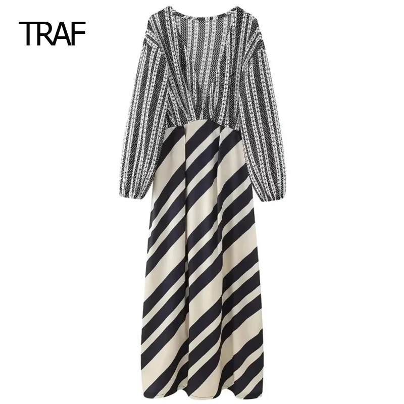 TRAF 스트라이프 패치워크 드레스 여성용, 미디 V넥 긴 소매 꽃 원피스, 우아한 캐주얼 휴가 드레스, 여름 2024 
