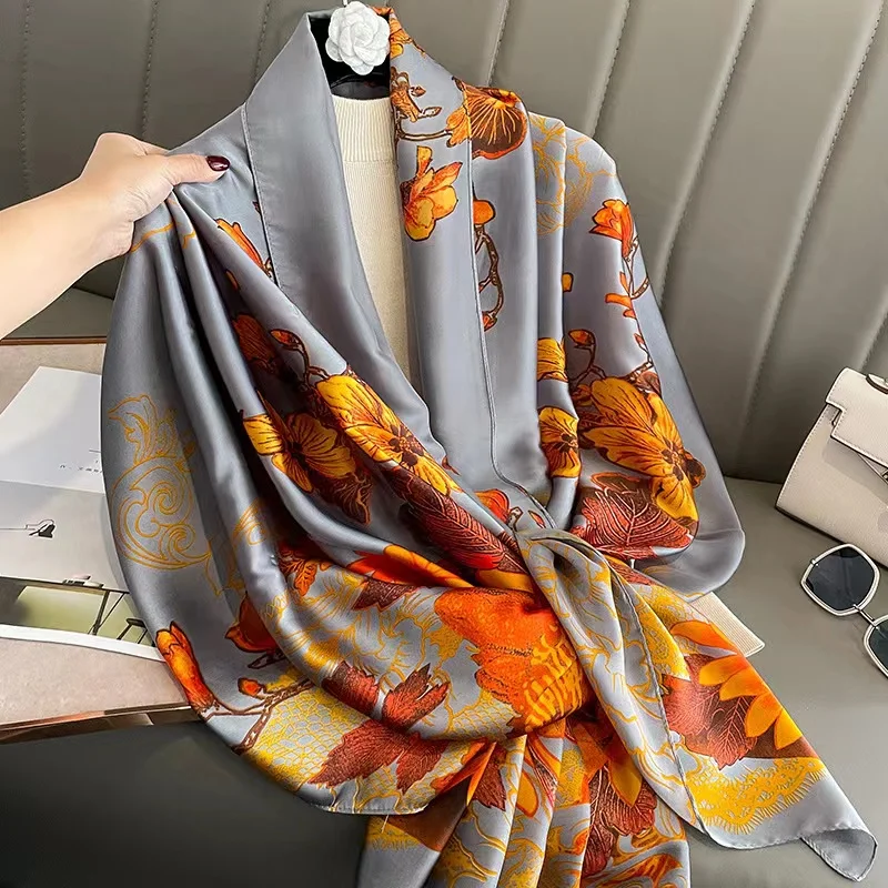 

Women Silk Winter Scarf Luxury Design Print Lady Beach Shawl Scarves Fashion Smooth Foulard Female Hijab