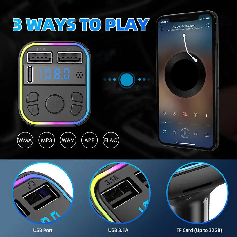 FM Transmitter Car MP3 Player 1pcs Car Bluetooth Player Car 5.0 FM Transmitter PD MP3 3.1A Colorful USB Charger Fast Light Type-C Handsfree Ambient Dual P2G4