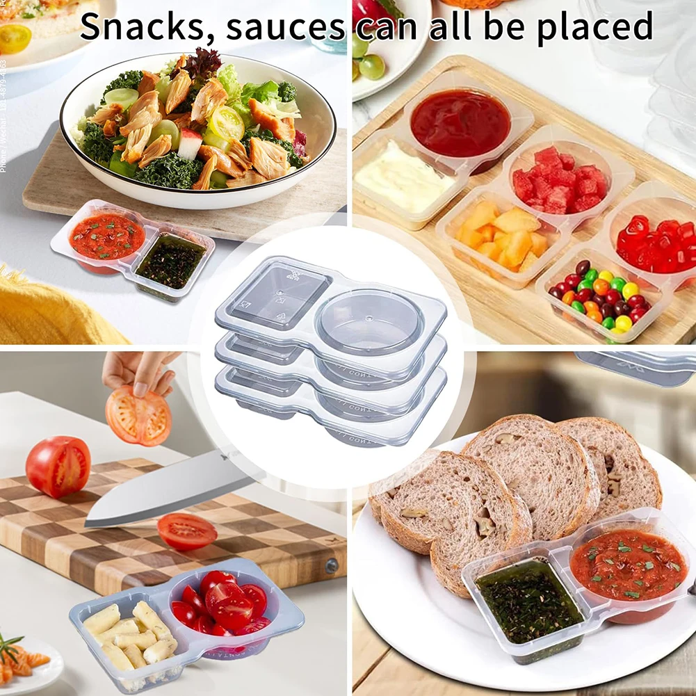 Disposable Seasoning Container with Lid Transparent Condiment Container Double Compartment Clear Seasoning Box for To-Go Sauces
