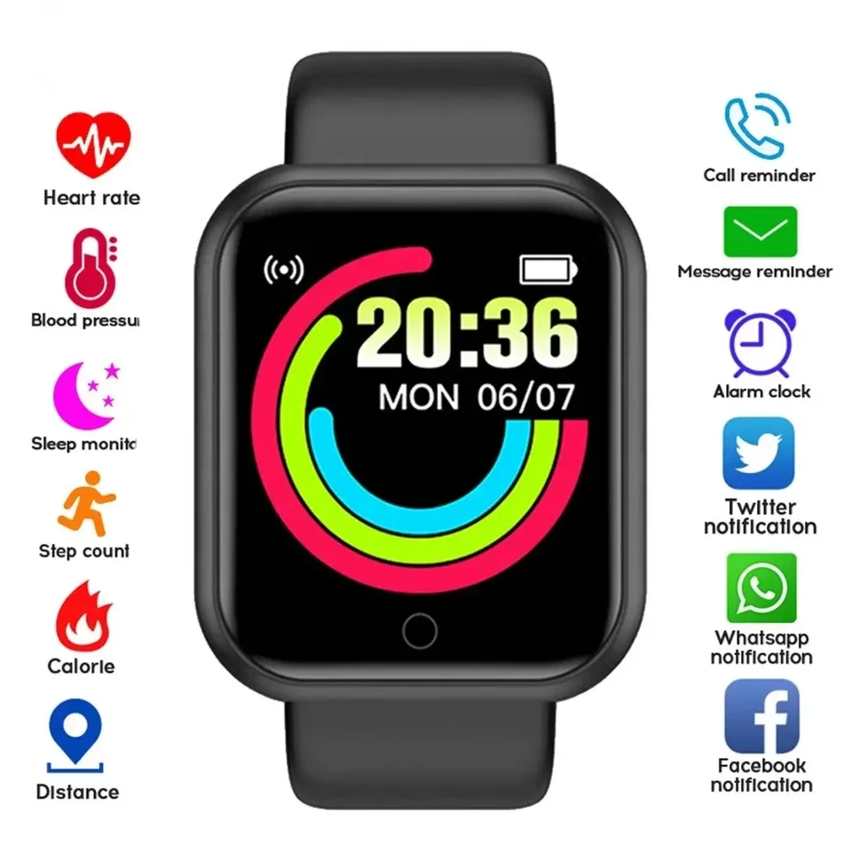 Y68 Smart Watch Men Women Color Screen Waterproof Sports Fitness Bracelet Bluetooth Heart Rate Blood Oxygen Smart Band D20