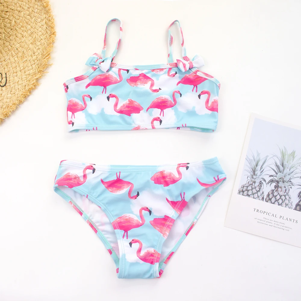 Girls Swimsuit Flamingo Print Bow Deco Girls Kids Swimsuit Swimwear Cute Stretchy Child Baby Kids Bikini Set Summer Surf Baby Biquini Infantil
