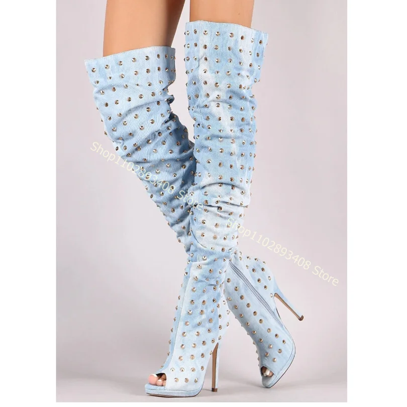 

Peep Toe Rivet Knee Women Boots Denim Side Zipper Solid Stilettos High Heel Women Spring Shoes Fashion Shoes Zapatillas Mujer