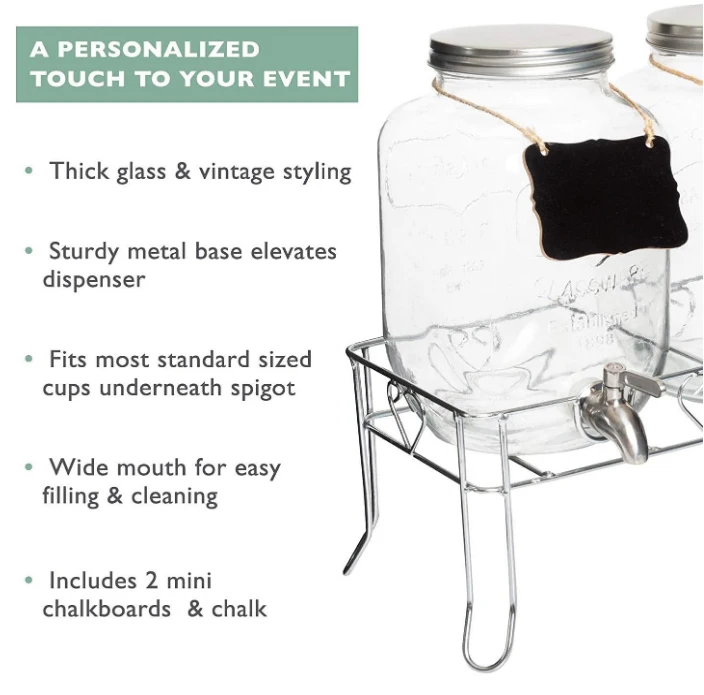 Outdoor glass beverage maker 2 packs, hanging chalkboard and stainless steel faucet, for lemonade, tea, cold water 4
