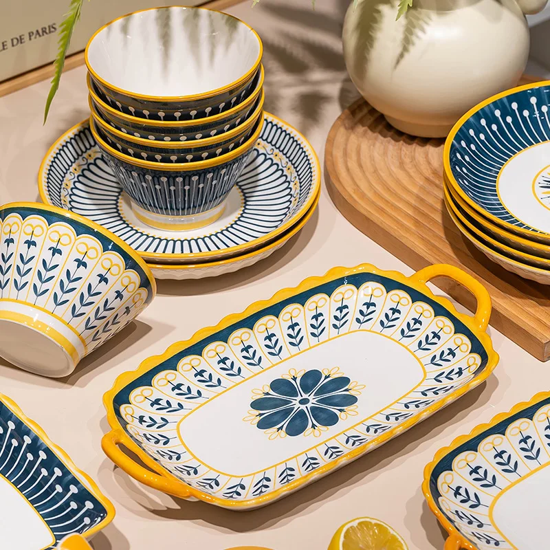 Fashion leaves ripple dish set home Japanese simple ceramic plate bowl bowl chopsticks large rice