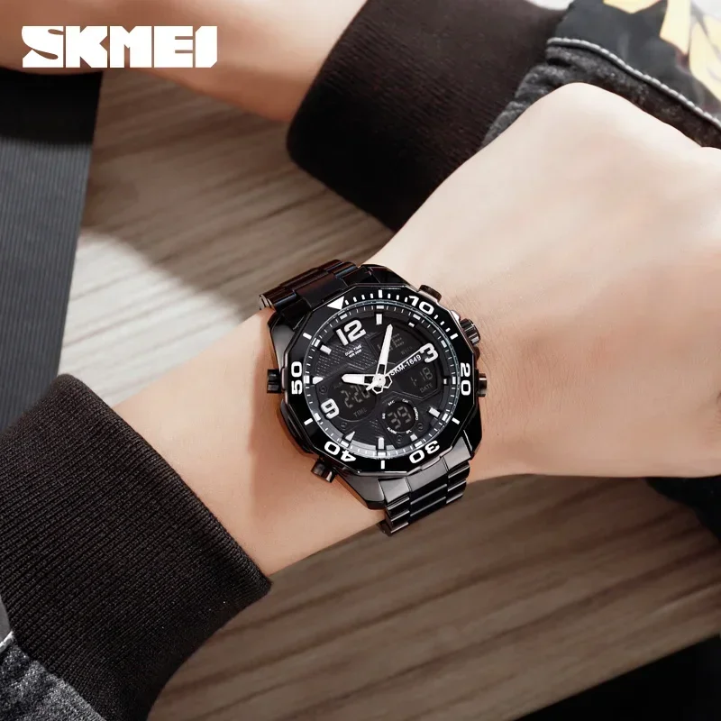 SKMEI 1649 Rotatable Ring Quartz Digital Men Wristwatches Chrono Alarm Male Clock reloj hombre Dual Movement Sport Mens Watches 4