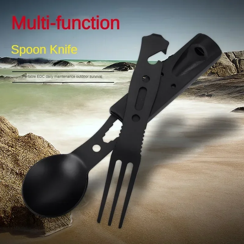 Outdoor Set Multi functional Camping Knives Tableware Wind Combination Stainless Steel with Whistle Spoon Fork