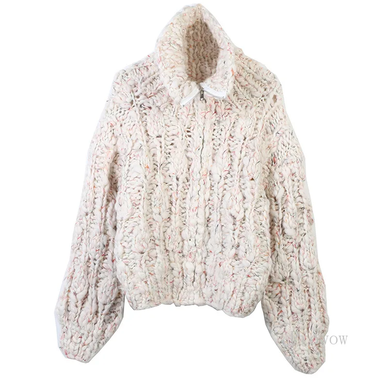 

Thick Needle Jacquard Knitted Jacket 2023 Autumn Winter Sweater Cardigan Women Zipper-up Lapel Loose Hand Embroidered Cardigan