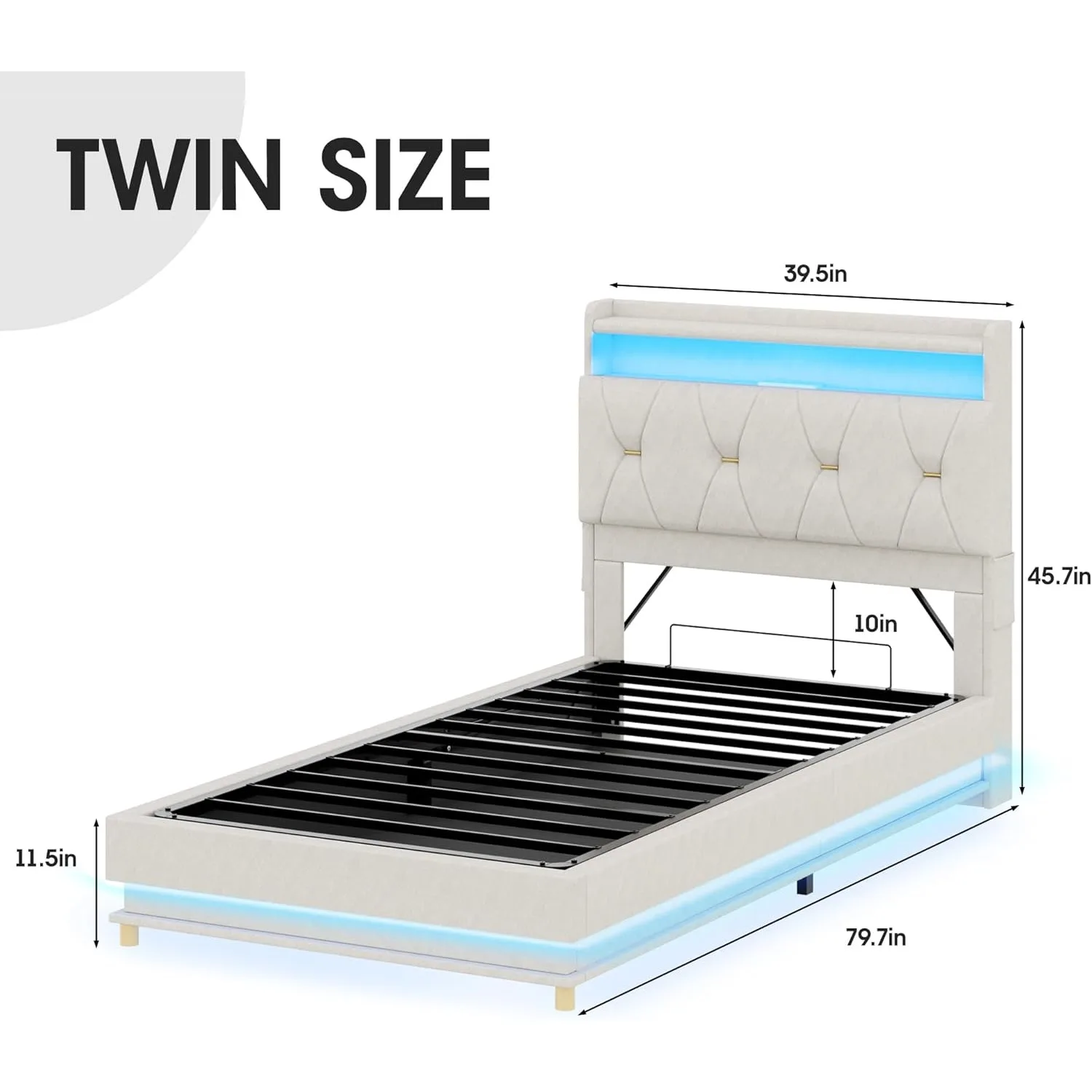 Twin Size Lift Up Bed Frame, Storage Headboard with Charging Station, LED Lights Upholstered Platform Bed, No Box Spring Needed 3