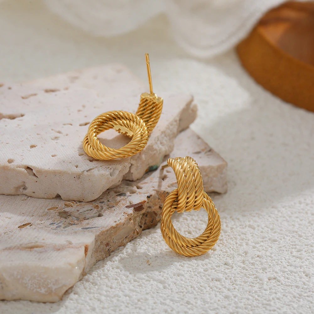 Twisted Three Layers Rope Dangling Knot Stud Earrings Double Hoop Statement Earring Minimalist Retro Jewelry Sister Gift Серьги
