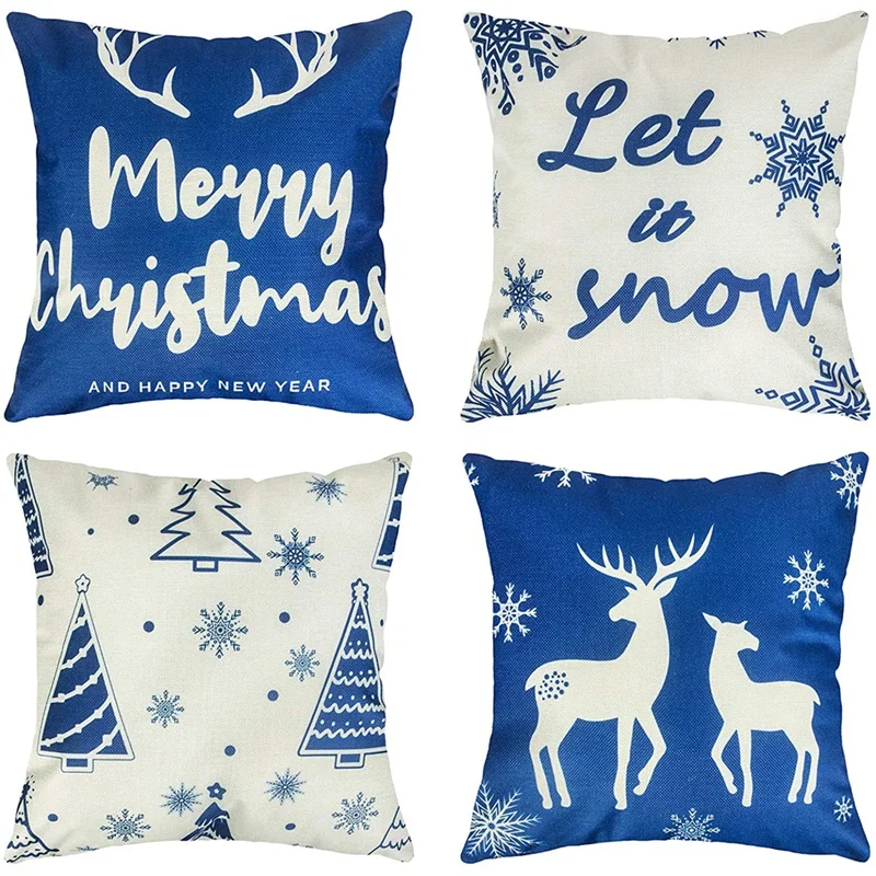 

HOT-Christmas Pillow Covers, Winter Snowflake Elk Tree Christmas Throw Pillows, Linen Cushion Case For Sofa Couch