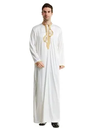 Summer Men's New Stand Collar Embroidery Long-Sleeved Robe Dubai Arab Men Long Gown