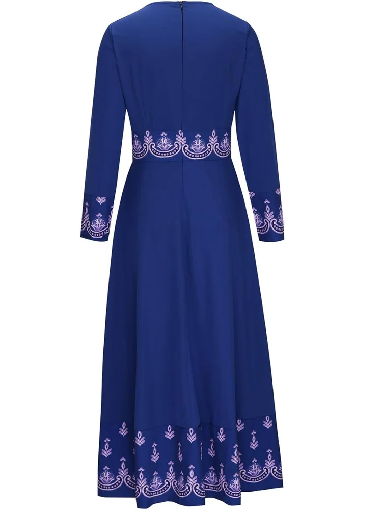 PLUS SIZE Elegant Vintage-Inspired Geometric Print Long Sleeve Pendulum Dress - Crew Neck, Micro Elasticity, Polyester Material 2