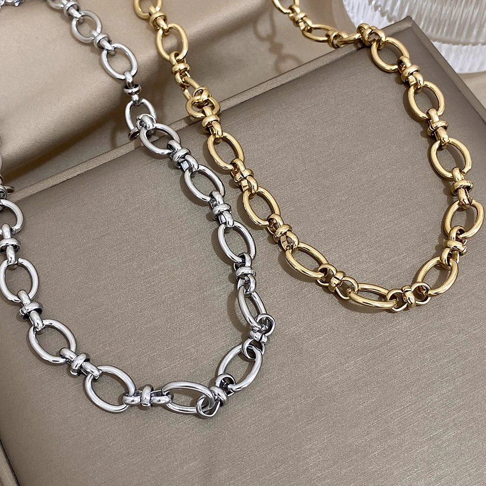 Flashbuy Trendy Chic Stainless Steel Golden Oval Chain Necklace Bracelet For Women Statement Simple Waterproof Jewelry Set