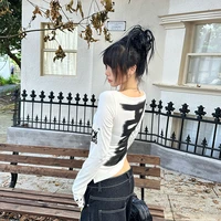 Tonngirls American Retro Print T-shirt Women Long Sleece Button Graphic Tops Y2k Tops 2000s Japanese Grunge Tops E-girls Autumn 5