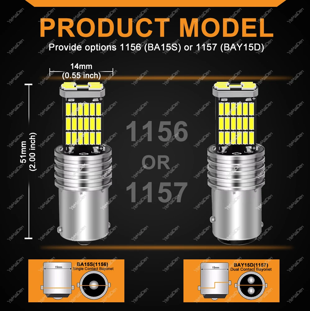 자동차 주차 브레이크 램프, LED 전구 방향 지시등, P21W BA15S 1156 1157 BAY15D, 12V 45-4014SMD, 6500K, 화이트 옐로우 레드, 2 개, 4/8 개