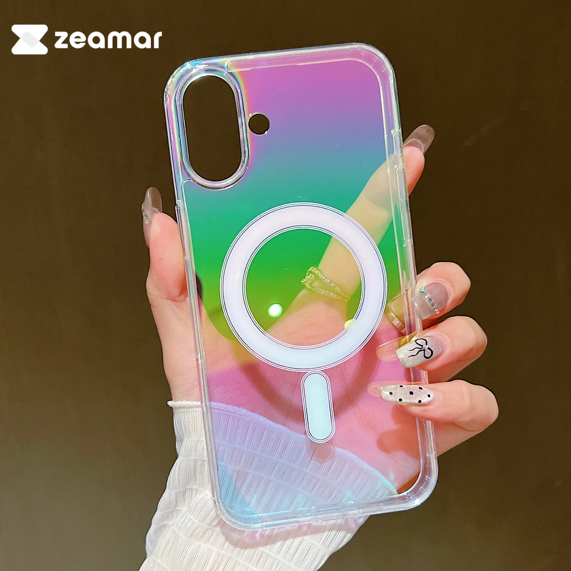 Clear Laser Rainbow Magnetic Phone Case with Wireless Charging Cover