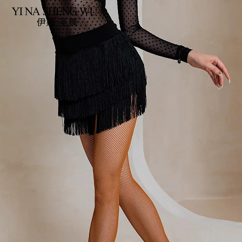 Dance Skirt New Latin Dance Women's Short Skirt Adult Tassel Dress Practice/Stage Costume Performance Three-Layer Skirt Chacha Dance Wear