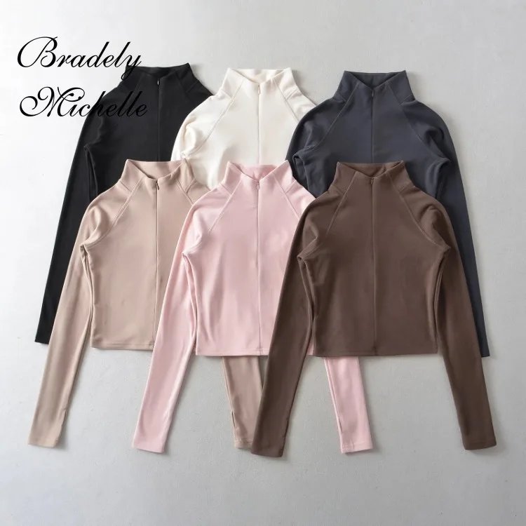 

Женская водолазка с длинным рукавом, весенне-осенняя футболка на молнии, топы, сексуальный пуловер, однотонная облегающая укороченная блузка для йоги