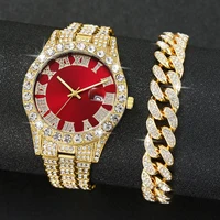 2PCS Luxury Rhinestone Men Watches Fashion Stainless Steel Band Male's Analog Quartz Watch Bracelet Set Relogios Masculino 1
