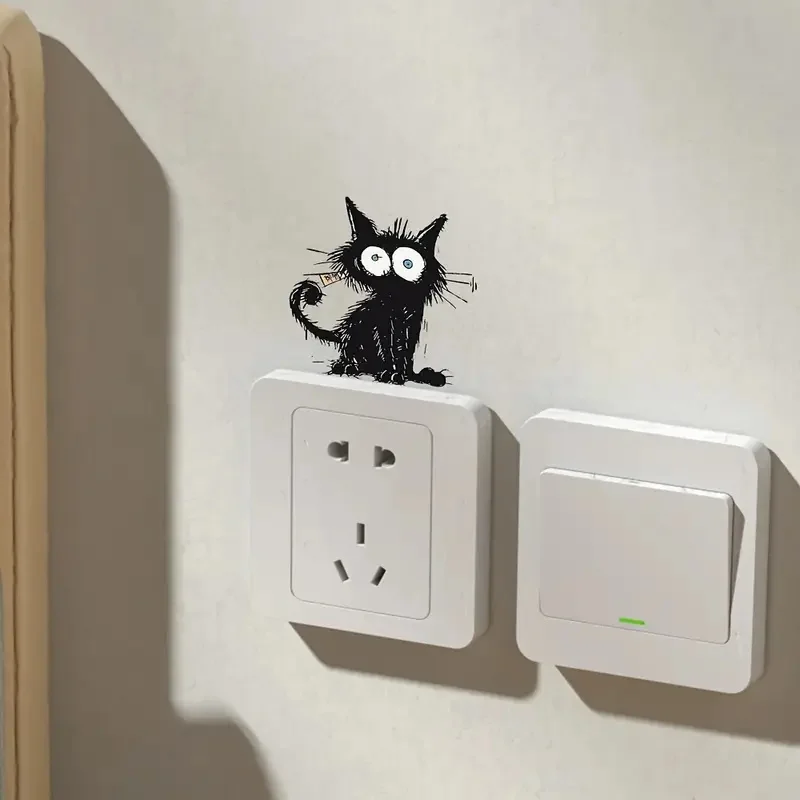 Contemporary Style Black Cat Wall Sticker, Animal Print Self-Adhesive Switch Decal for Living Room Bedroom