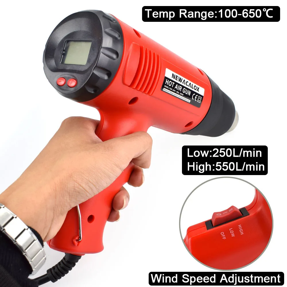 NEWACALOX 1500-2000W Industrial Hair Dryer Heat Gun Adjustable Wind Speed Hot Air Gun 50℃-650℃ Temperature Shrink Wrapping Tools