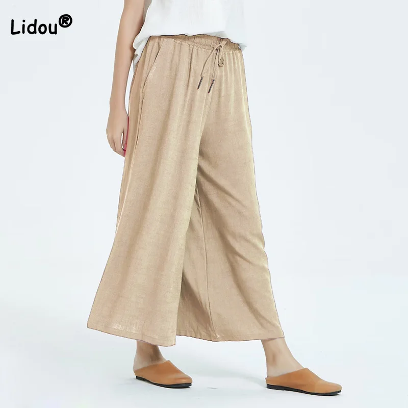 Spring Summer Drawstring High Waist Trousers Cotton Linen Distressed Pockets Loose Womens Casual Wide Leg Nine Points Pants womens elastic mid waist patchwork button trousers solid color loose cotton and linen in summer leisure time seven points pants