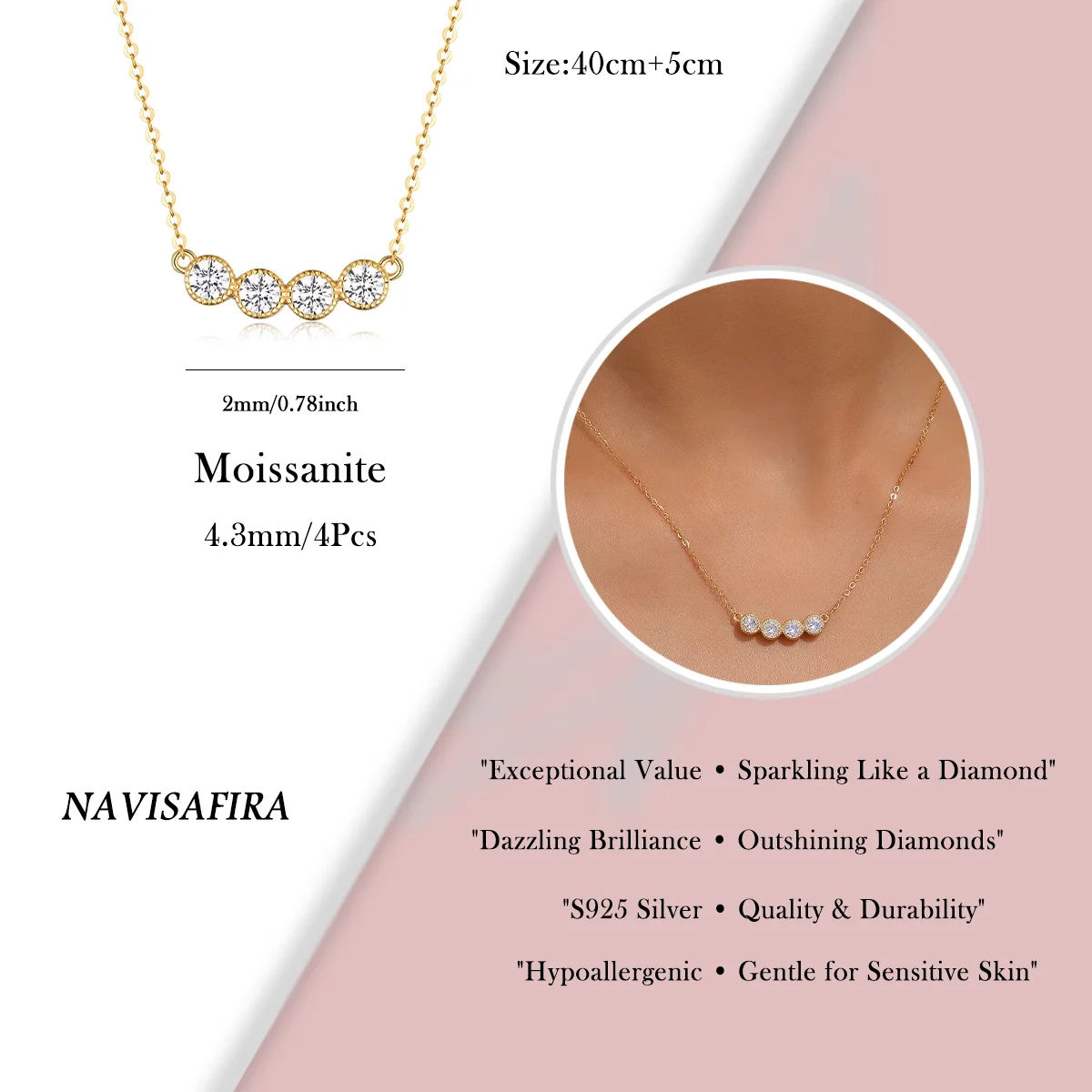 Moissanite Bar Pendant Necklace for Women 925 Sterling Silver 18K Gold Plated 1.2ct Four Stone Simple Fine Jewelry Gift