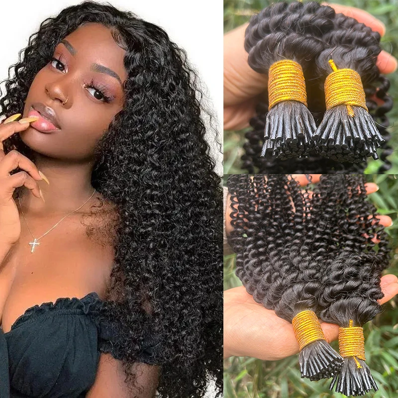JUF I Tip Hair Extensions Human Hair Kinky Curly Itips Human Extensions For Black Women Full to Bottom Natural Black I Tips
