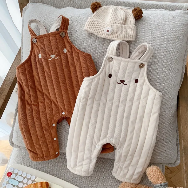 

2023 Winter baby quilted romper cartoon embroidery Toddler boys jumpsuits Lining Fleece thicken warm girls overalls