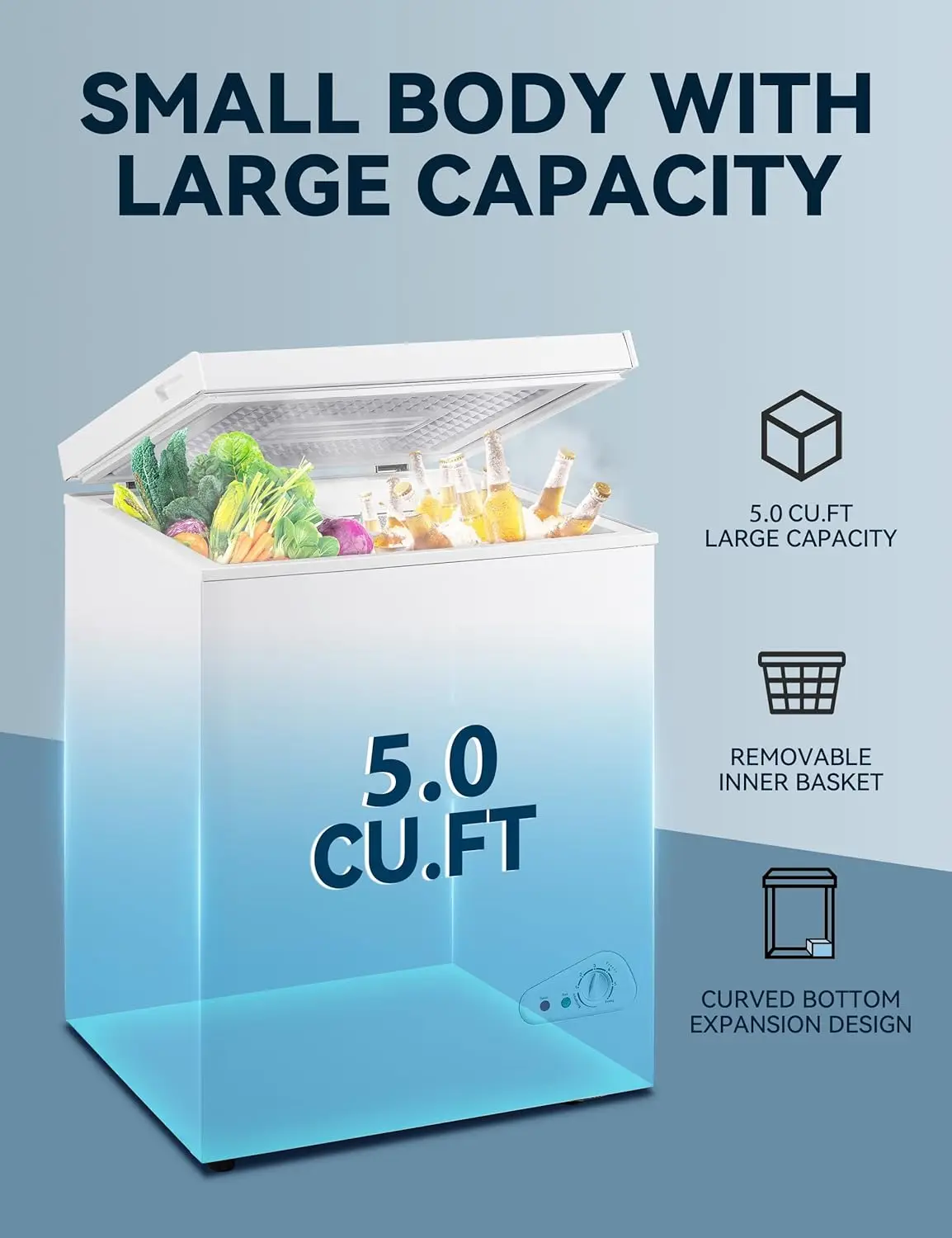KRIB BLING 5.0 Cu.Ft Compact Chest Freezer with Removable Basket, Krib Bling Top Door Open Freestanding Deep Freezer with 7 Gear 5